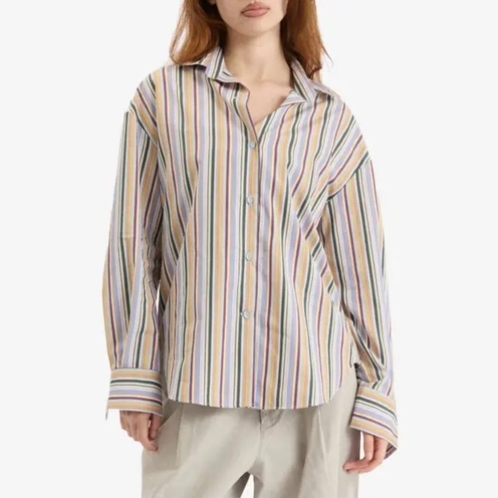 Faithfull The Brand‎ Sz M Oversized Organic Cotton Striped Dress Shirt Blouse